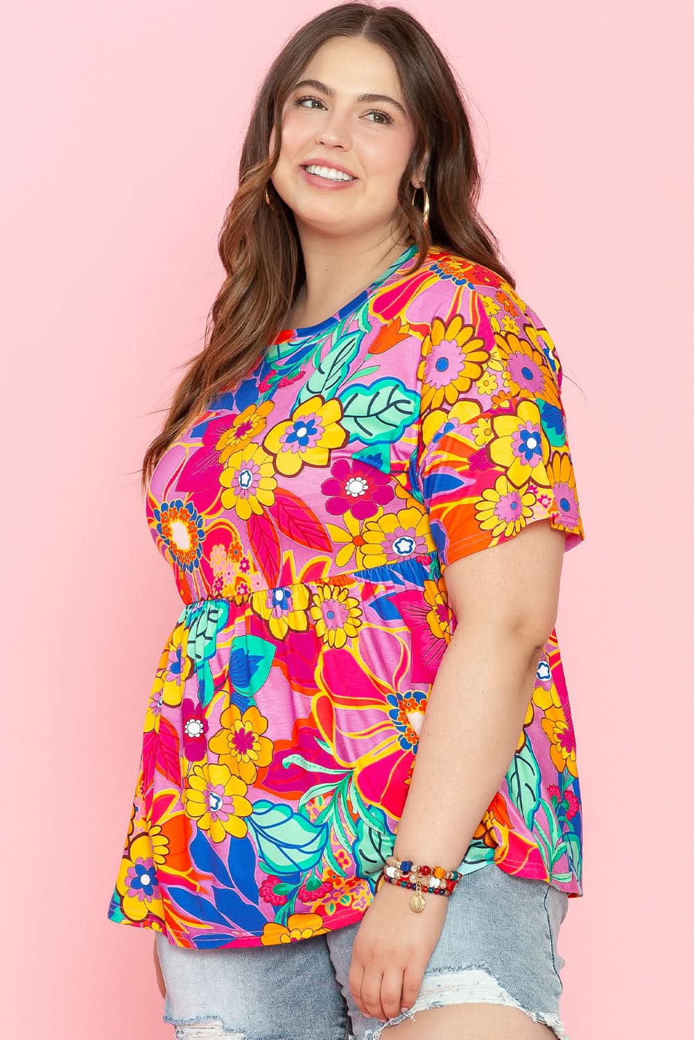Pink Floral Print Short Sleeve Plus Size Babydoll Blouse - Love Salve
