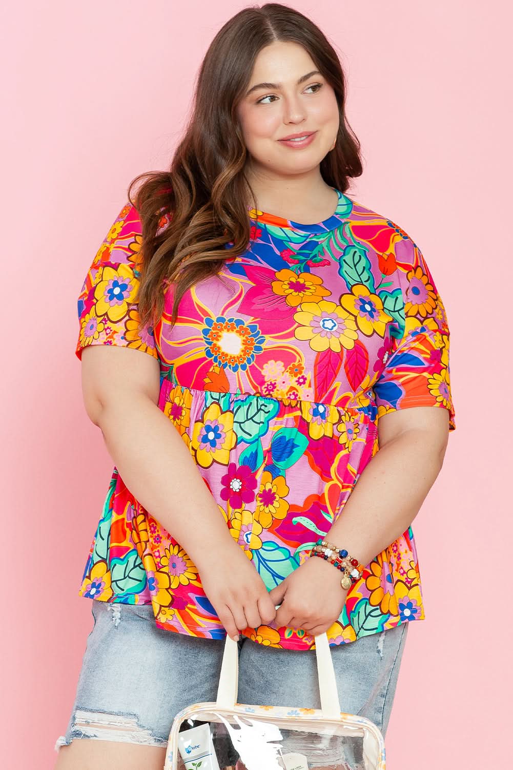 Pink Floral Print Short Sleeve Plus Size Babydoll Blouse - Love Salve