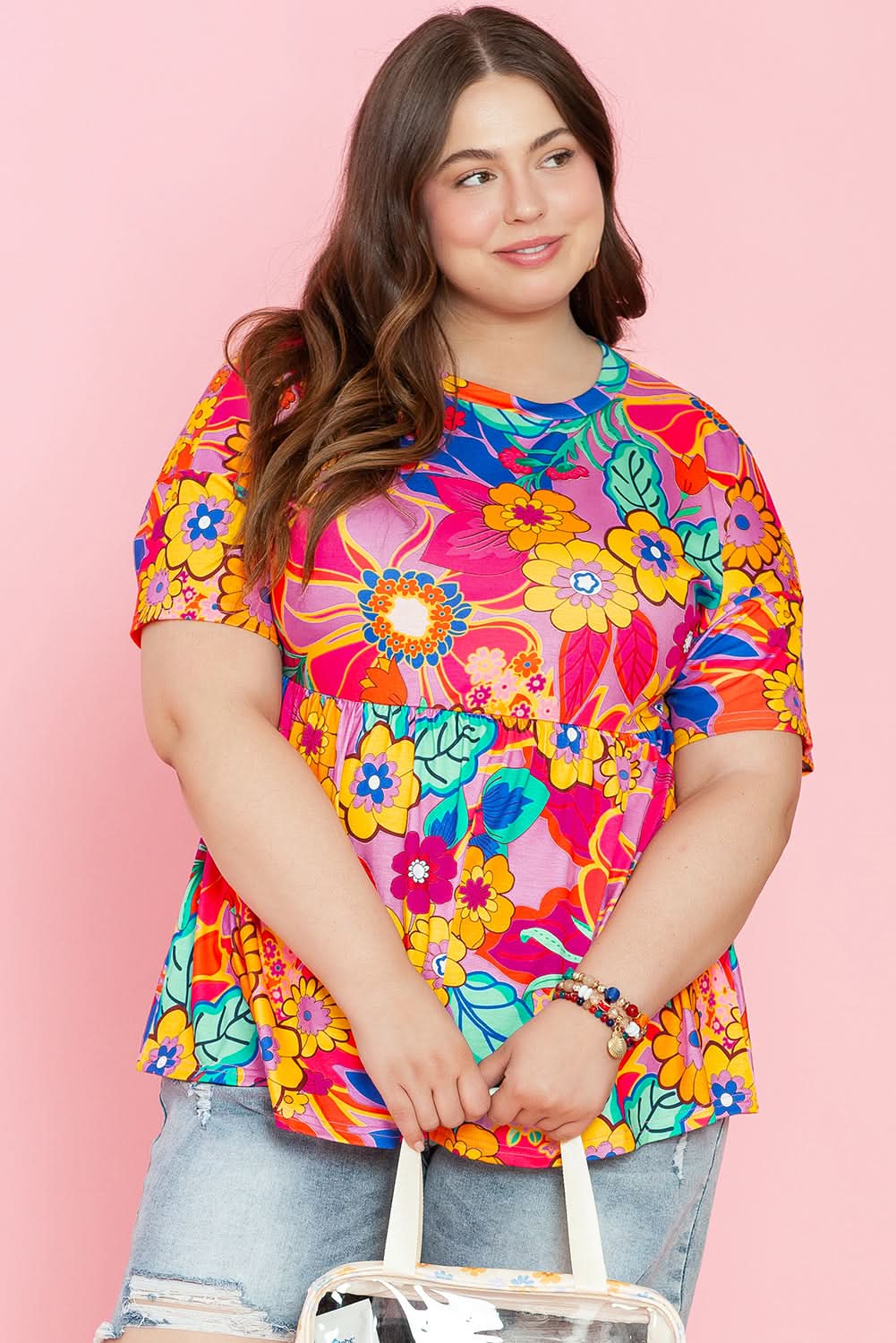Pink Floral Print Short Sleeve Plus Size Babydoll Blouse - Love Salve