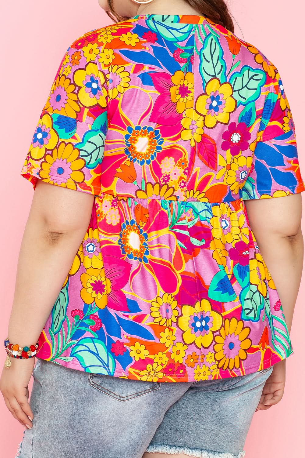 Pink Floral Print Short Sleeve Plus Size Babydoll Blouse - Love Salve