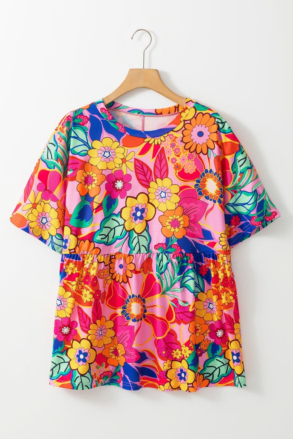 Pink Floral Print Short Sleeve Plus Size Babydoll Blouse - Love Salve