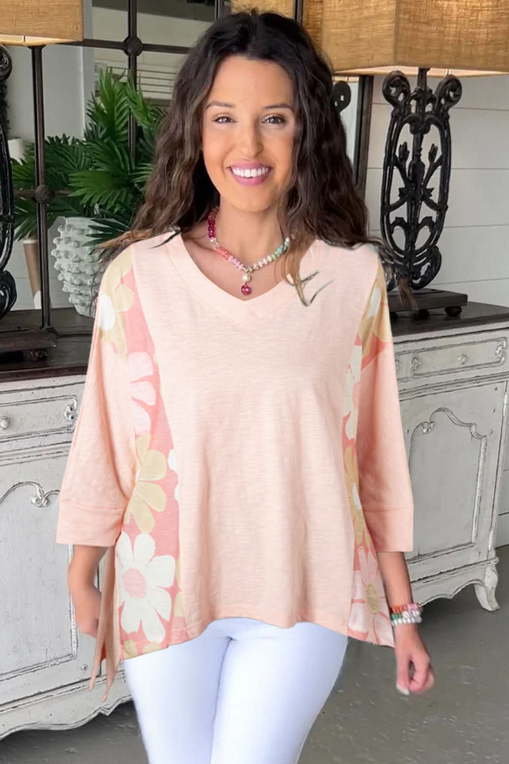 Pink Flower Patchwork Exposed Seam Oversized High Low Top - Love Salve