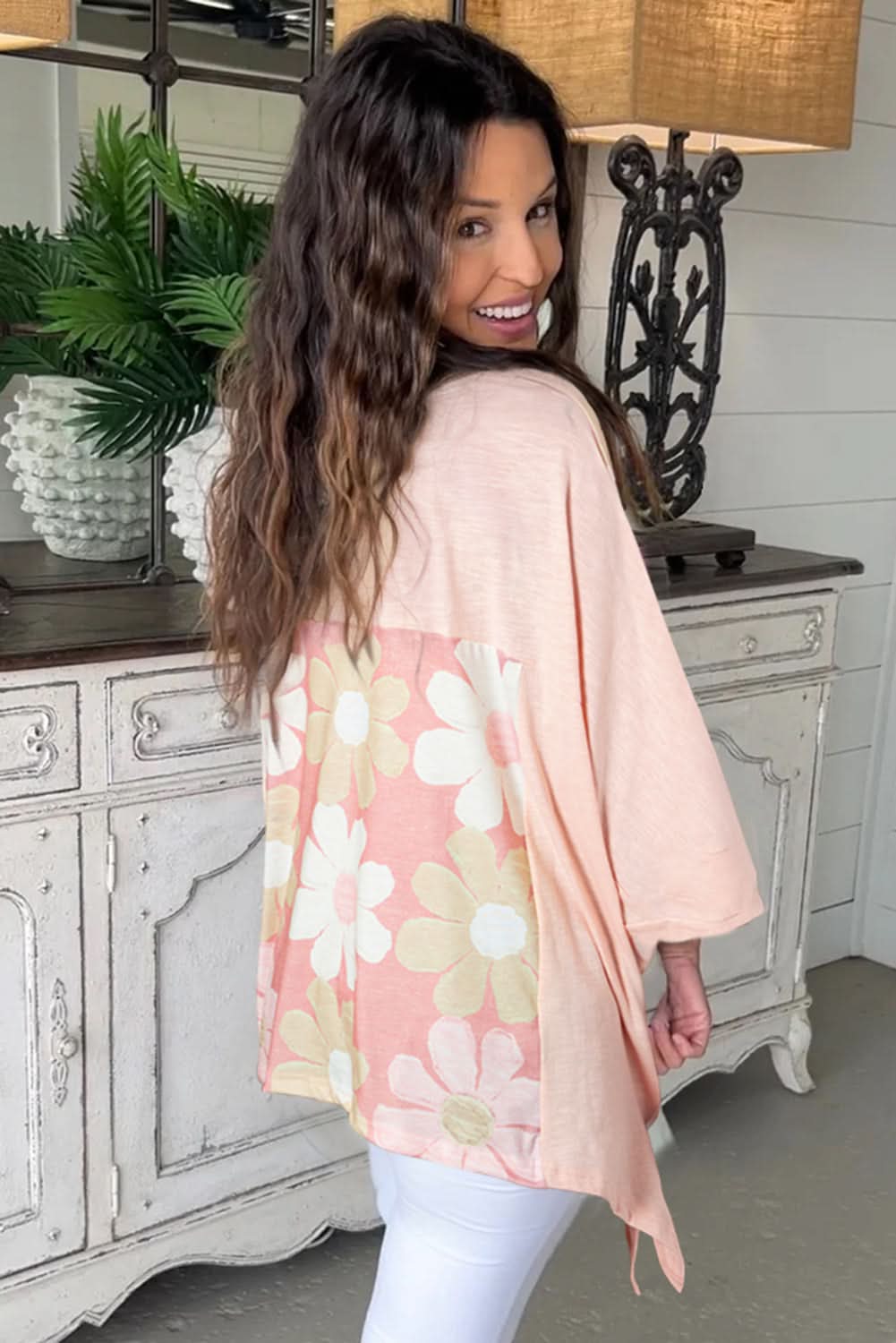 Pink Flower Patchwork Exposed Seam Oversized High Low Top - Love Salve