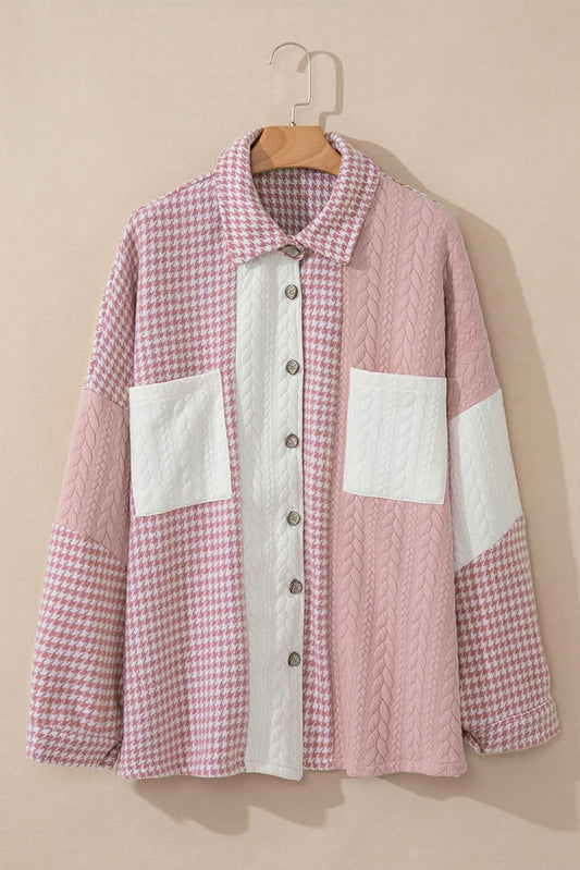 Pink Houndstooth Color Contrast Textured Patchwork Loose Shacket - Love Salve