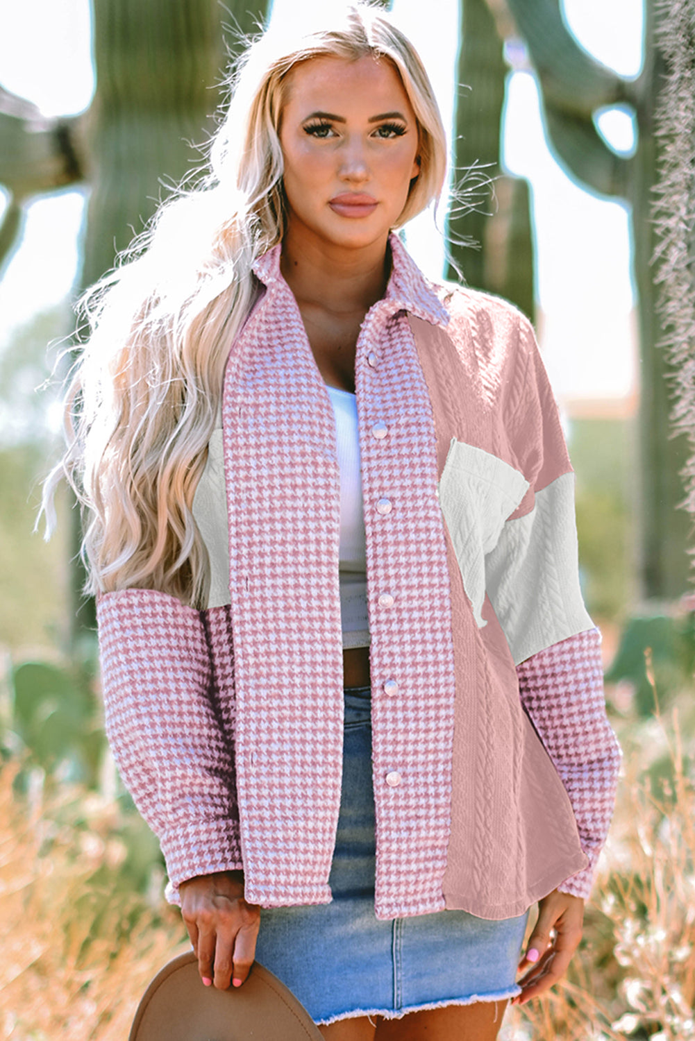 Pink houndstooth color contrast textured patchwork loose shacket.