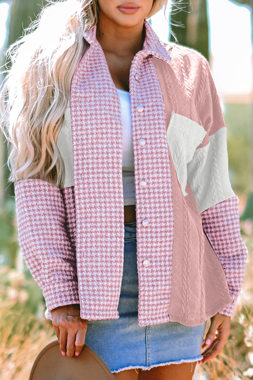 Pink Houndstooth Color Contrast Textured Patchwork Loose Shacket with modern design and textured fabric.