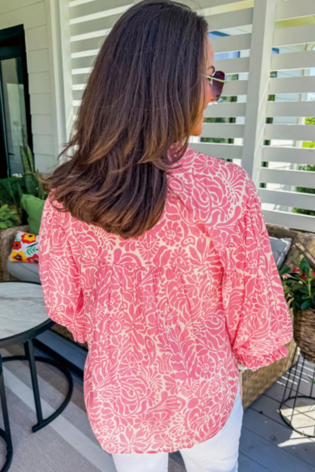 Pink Plus Size Floral Print Frilled Neck Puff Sleeve Top - Love Salve
