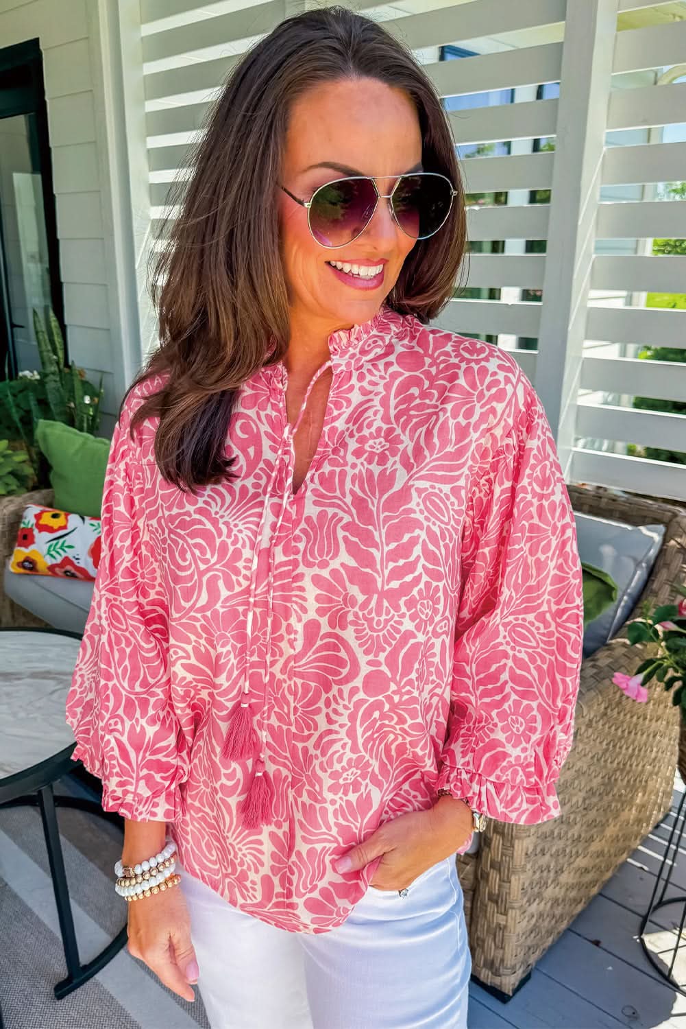 Pink Plus Size Floral Print Frilled Neck Puff Sleeve Top - Love Salve