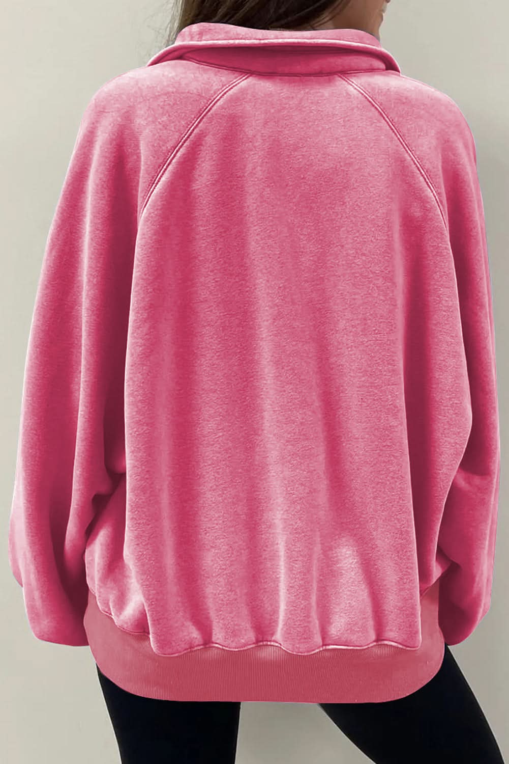 Pink Solid Snap Buttons Collared Balloon Sleeve Oversized Sweatshirt - Love Salve
