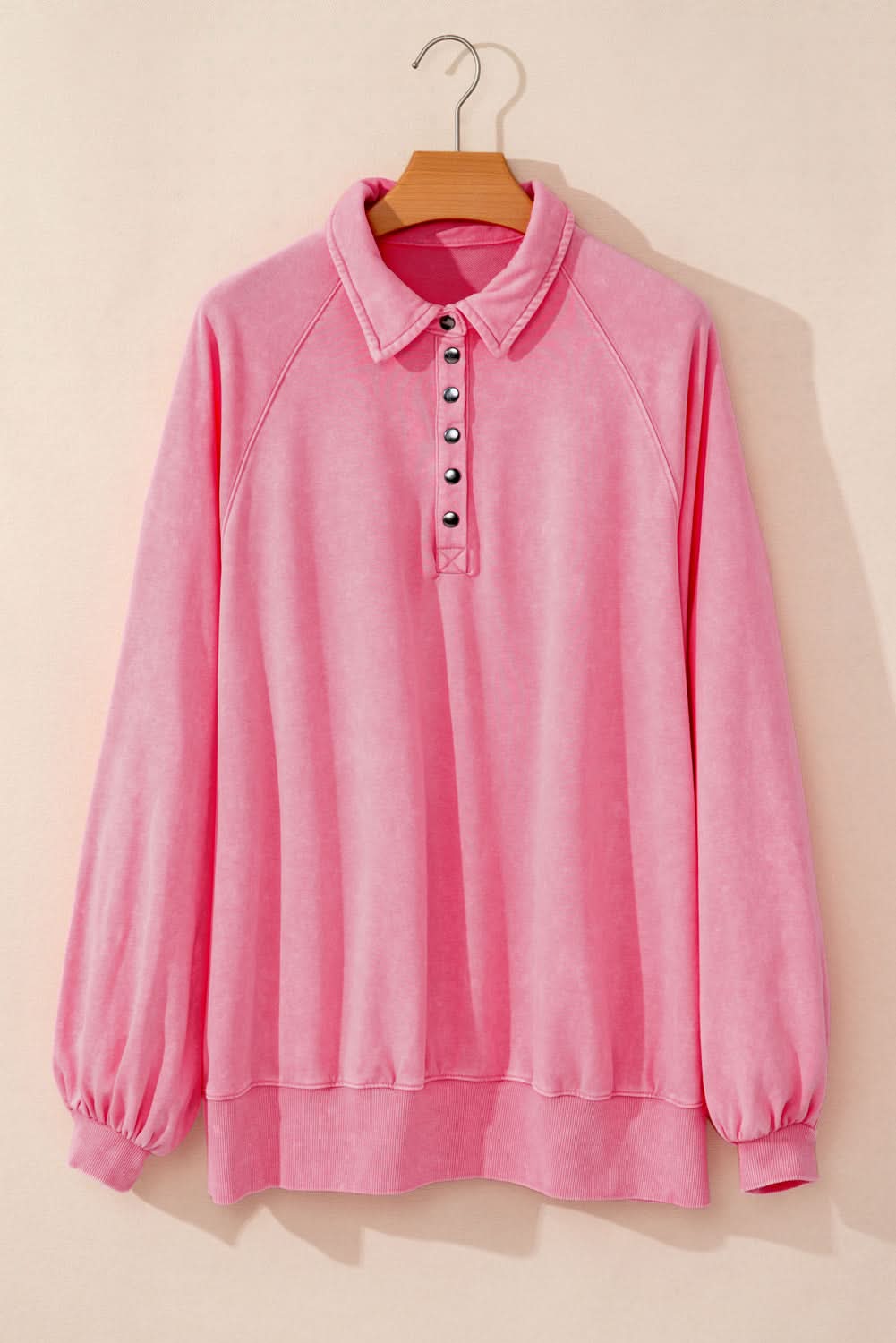 Pink Solid Snap Buttons Collared Balloon Sleeve Oversized Sweatshirt - Love Salve