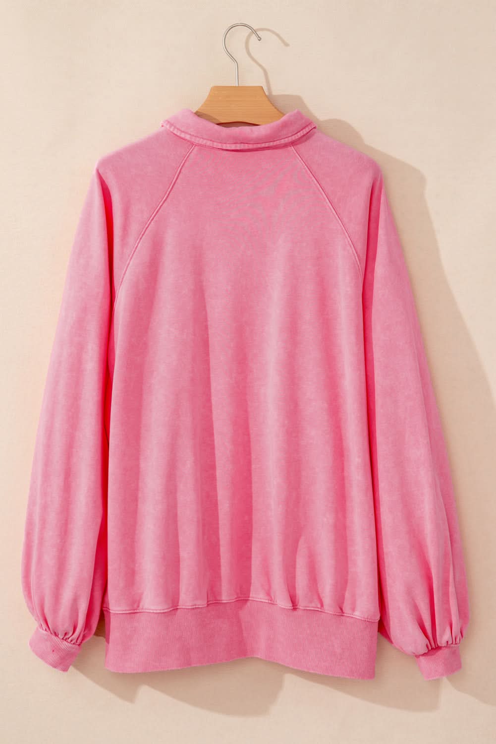 Pink Solid Snap Buttons Collared Balloon Sleeve Oversized Sweatshirt - Love Salve