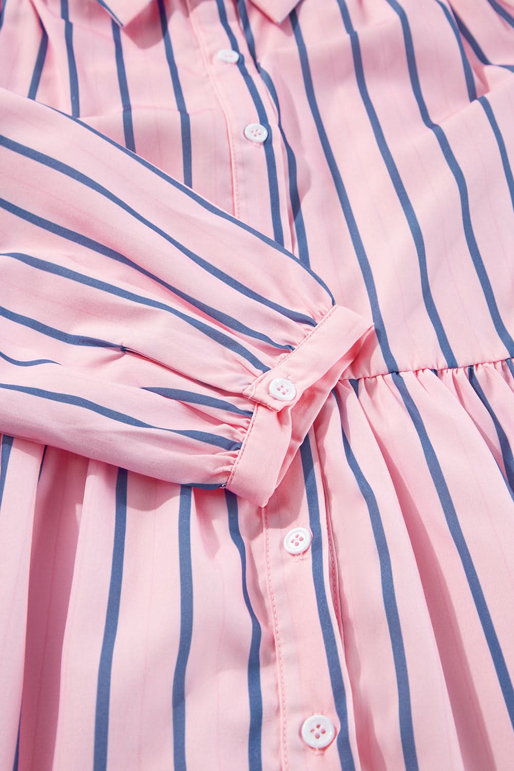 Pink Stripe Ruffled Hem Button-up Collared Shirt Mini Dress - Love Salve
