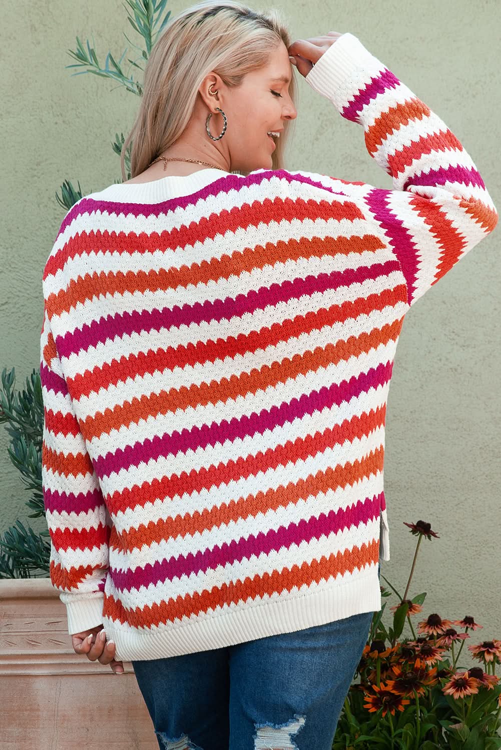 Pink Stripe V Neck Drop Shoulder Plus Size Sweater - Love Salve