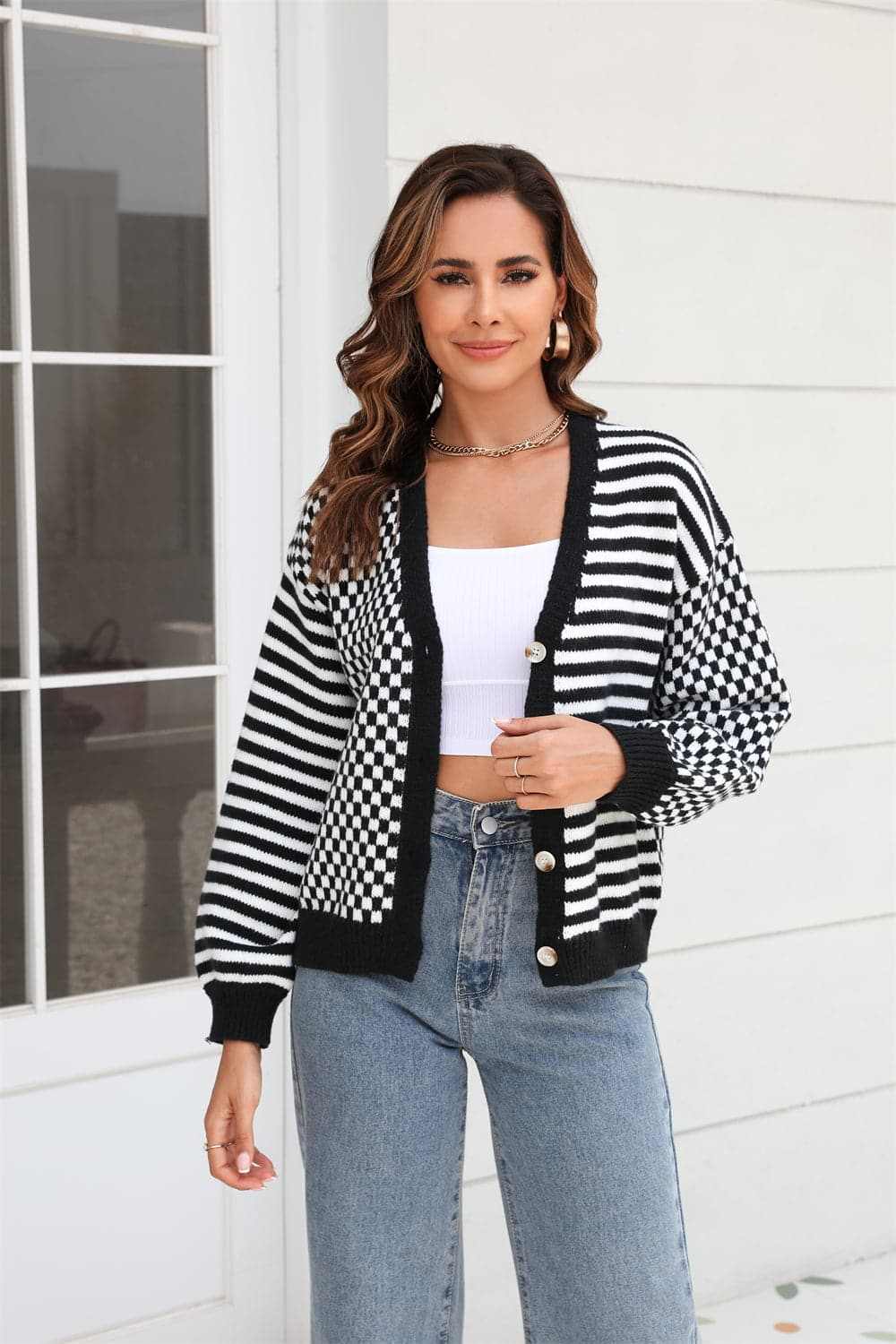 Plaid and stripe cardigan with buttons - Love Salve