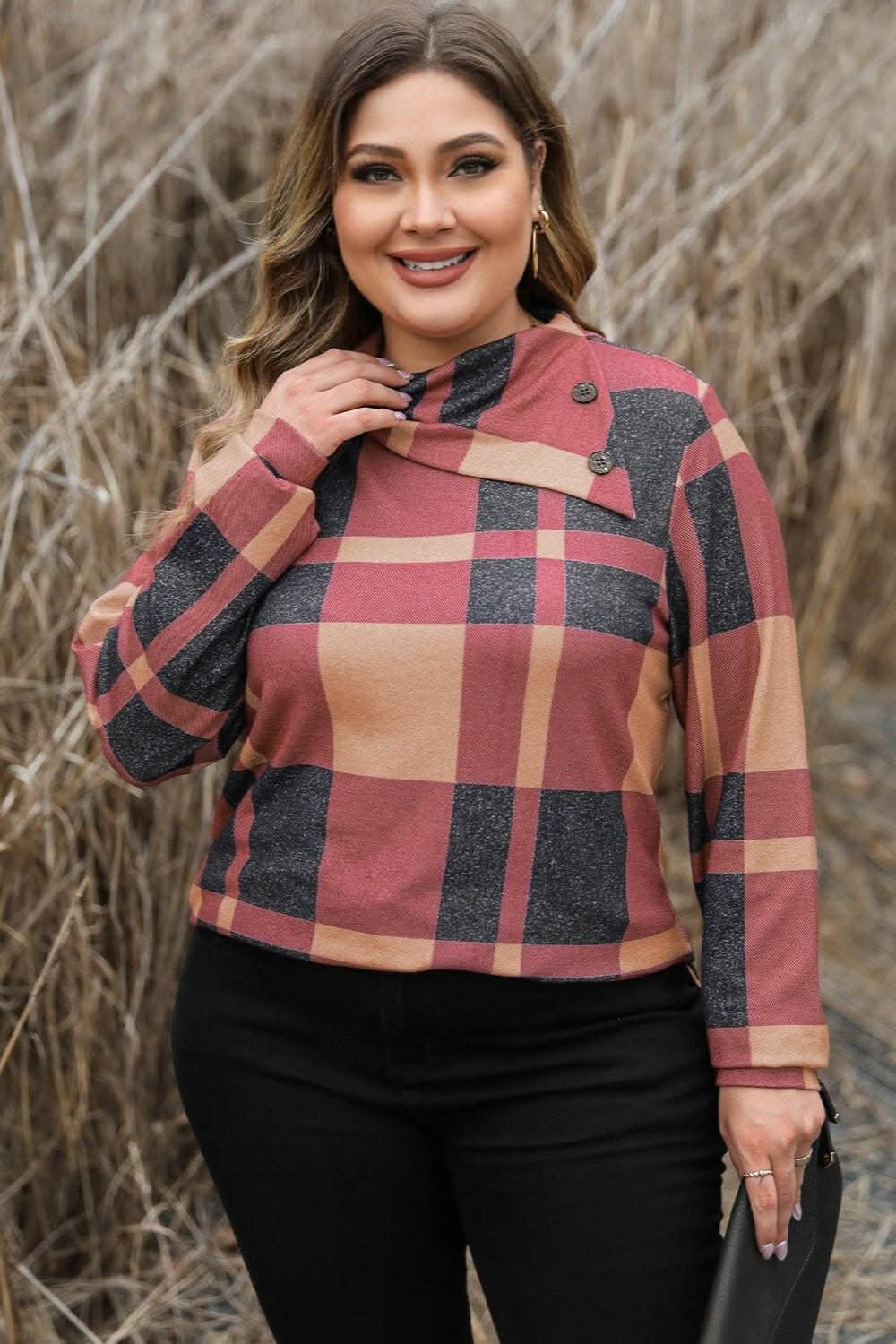 Plaid cowl neck plus size sweatshirt - Love Salve