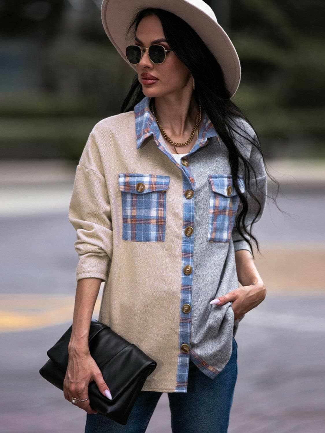 Plaid drop shoulder oversized shacket - Love Salve