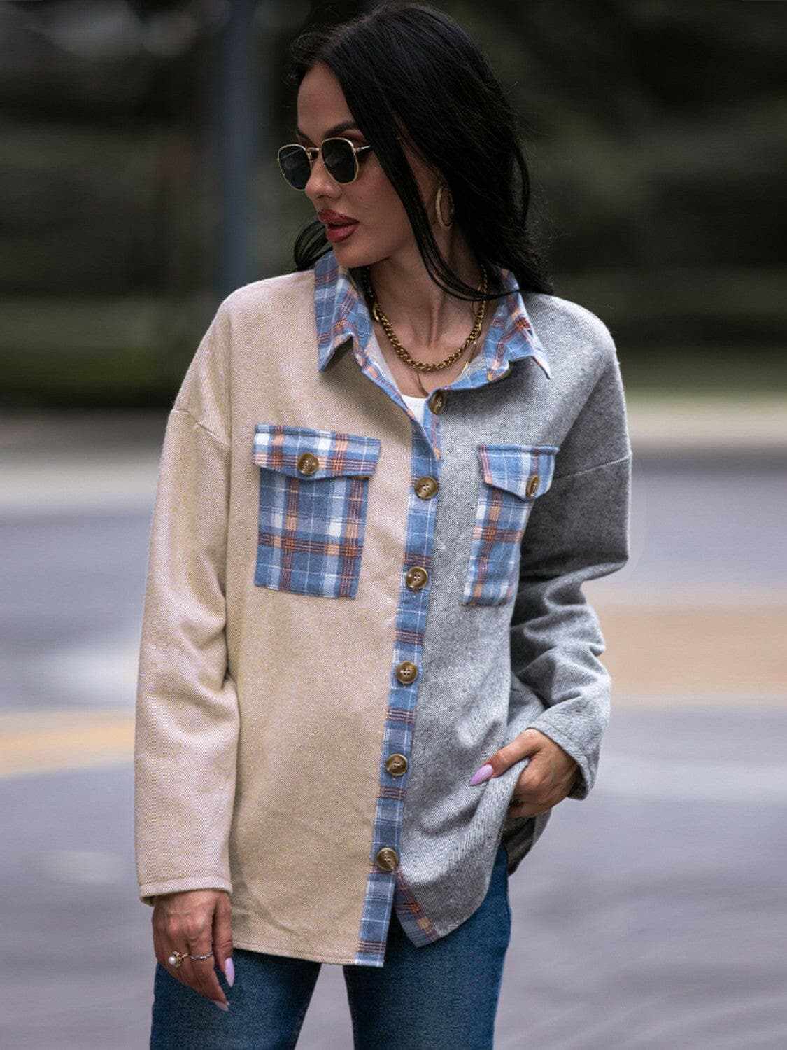 Plaid drop shoulder oversized shacket - Love Salve