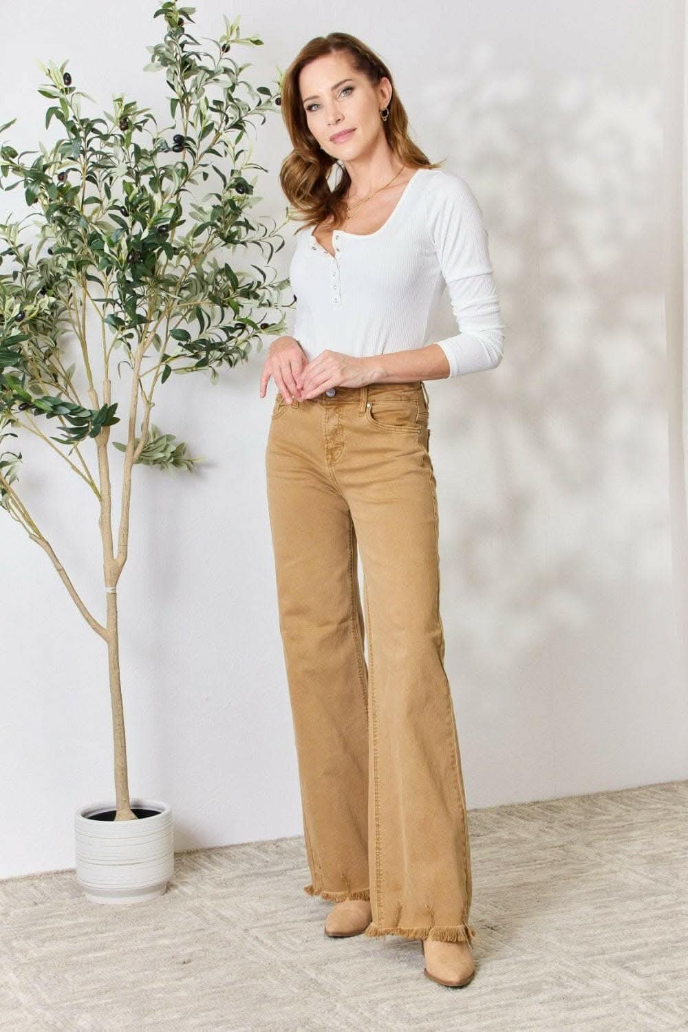 RISEN High-Waisted Wide Leg Fringe Jeans - Love Salve