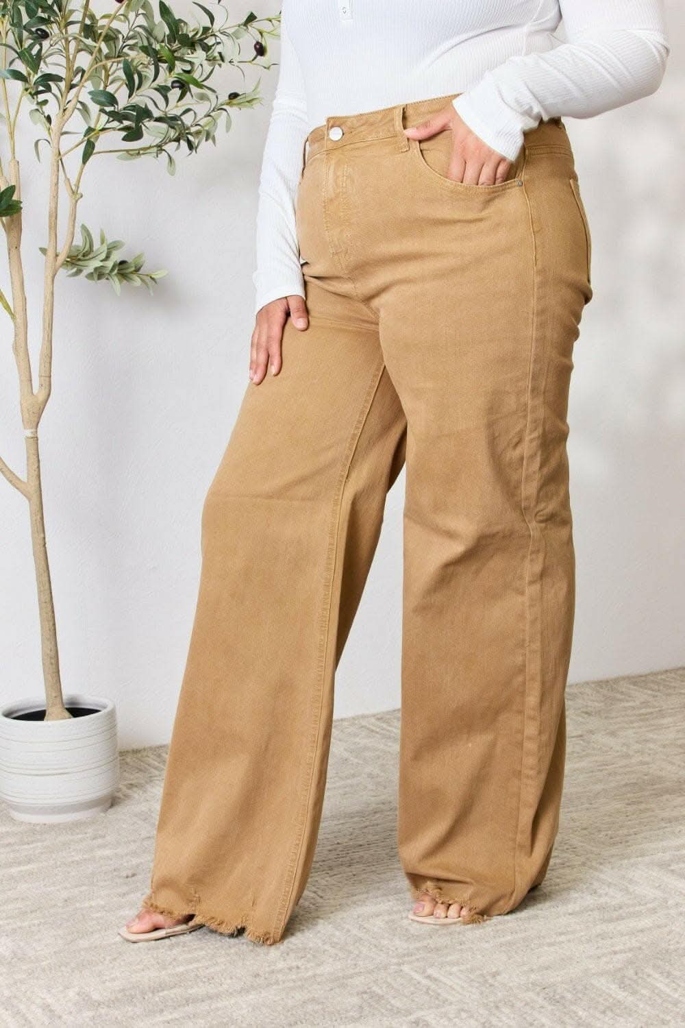 RISEN High-Waisted Wide Leg Fringe Jeans - Love Salve