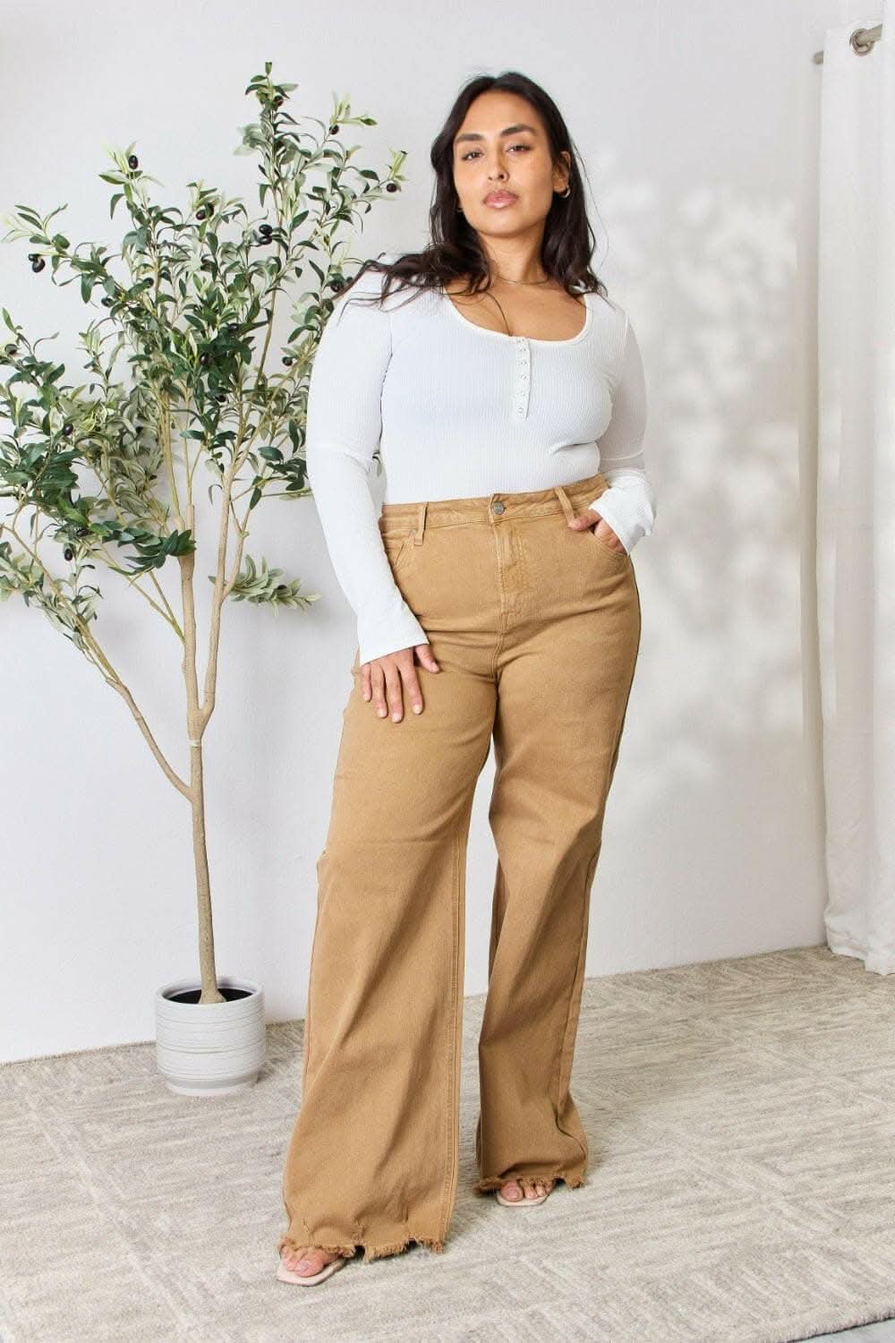 RISEN High-Waisted Wide Leg Fringe Jeans - Love Salve