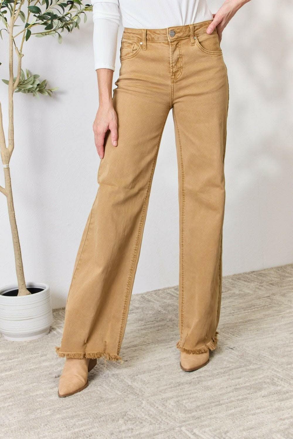 RISEN High-Waisted Wide Leg Fringe Jeans - Love Salve