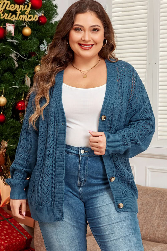 Real Teal Open Knit V Neck Button Front Drop Shoulder Plus Size Cardigan - Love Salve