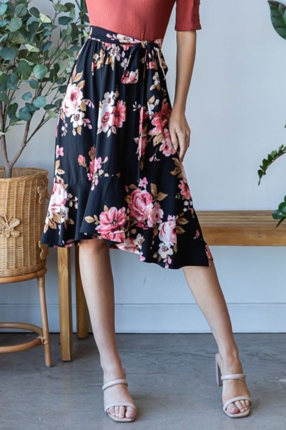 Reborn J Floral Wrap Ruffle Hem Skirt - Love Salve