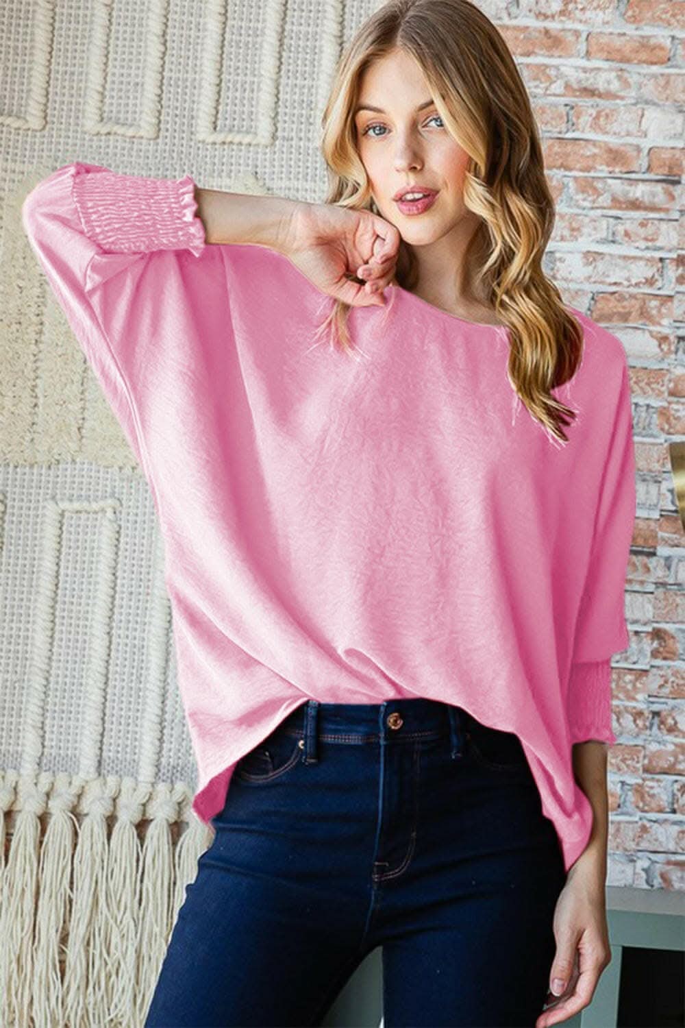 Reborn J Texture Round Neck Smocked Half Sleeve Top - Love Salve