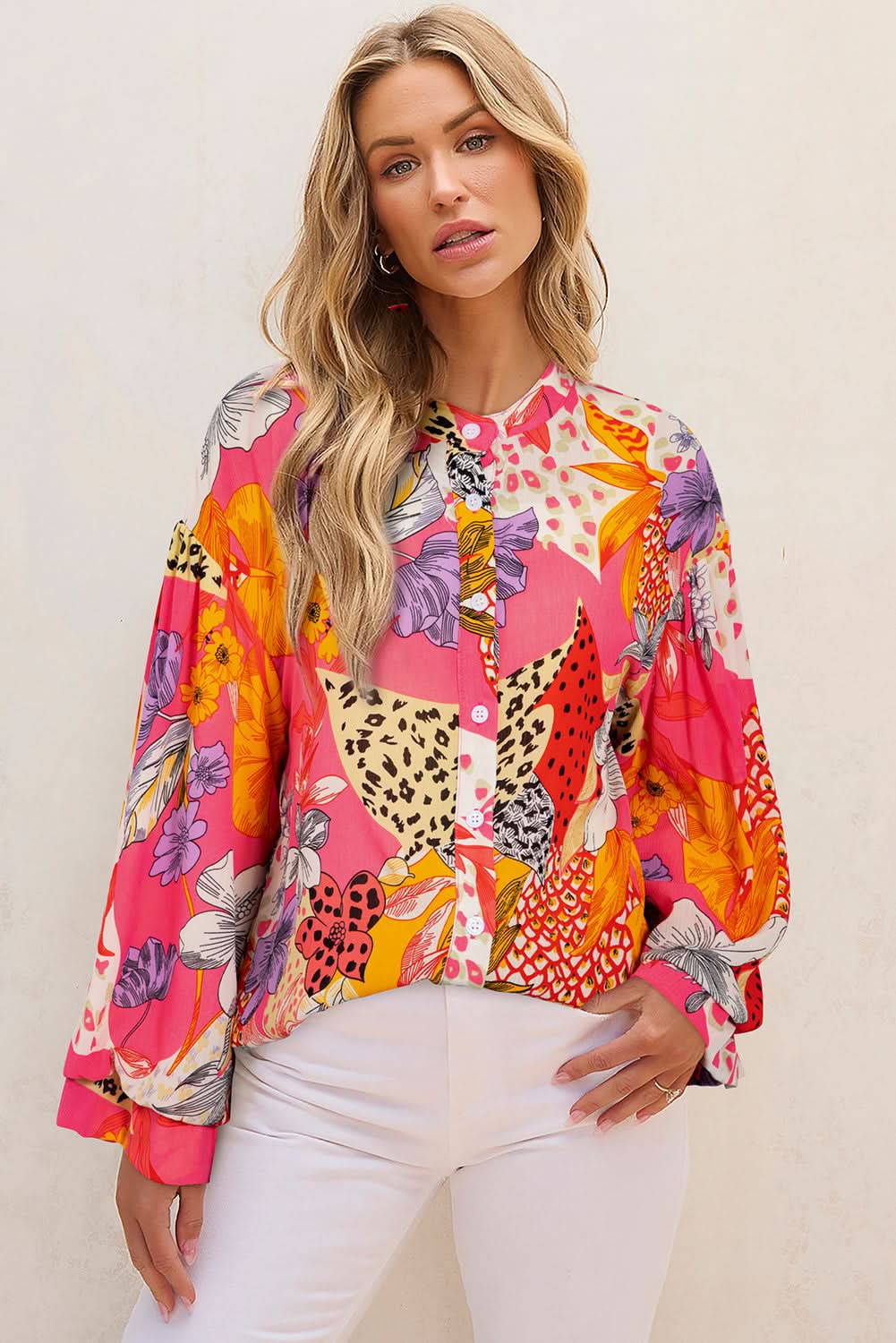 Red Abstract Floral Print Buttoned Ruffled Bubble Sleeve Shirt - Love Salve
