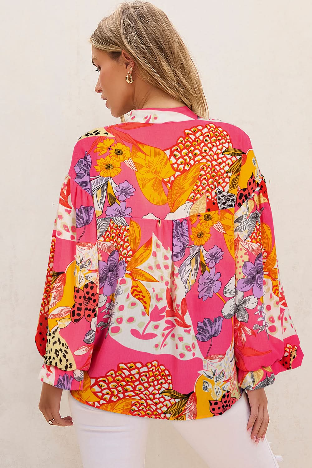 Red Abstract Floral Print Buttoned Ruffled Bubble Sleeve Shirt - Love Salve