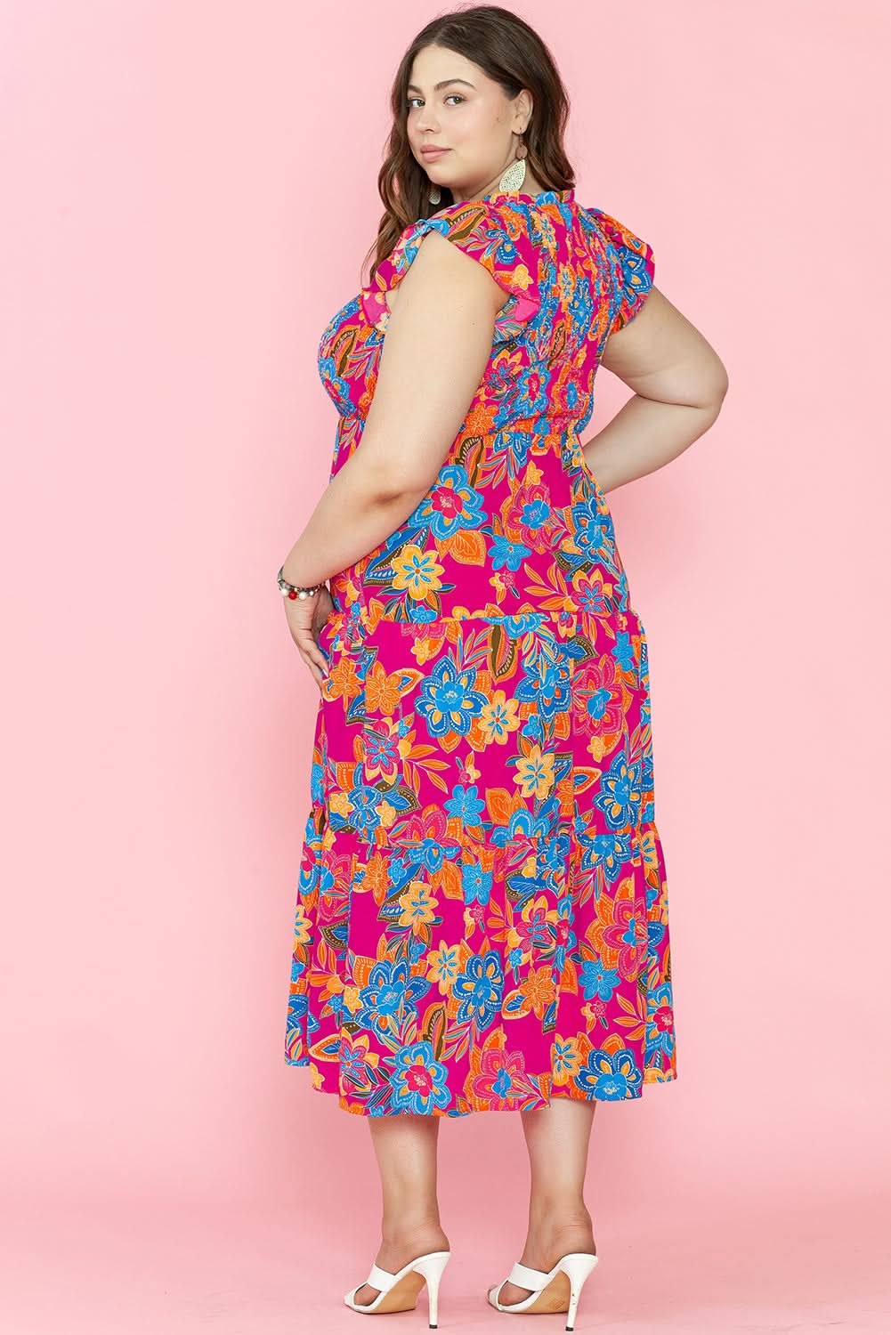 Red Floral Print Ruffled Sleeveless Plus Size Long Dress - Love Salve