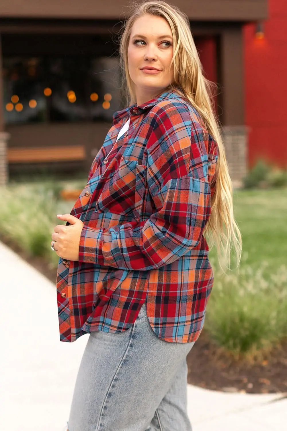 Red plaid plus size button-up shirt - Love Salve