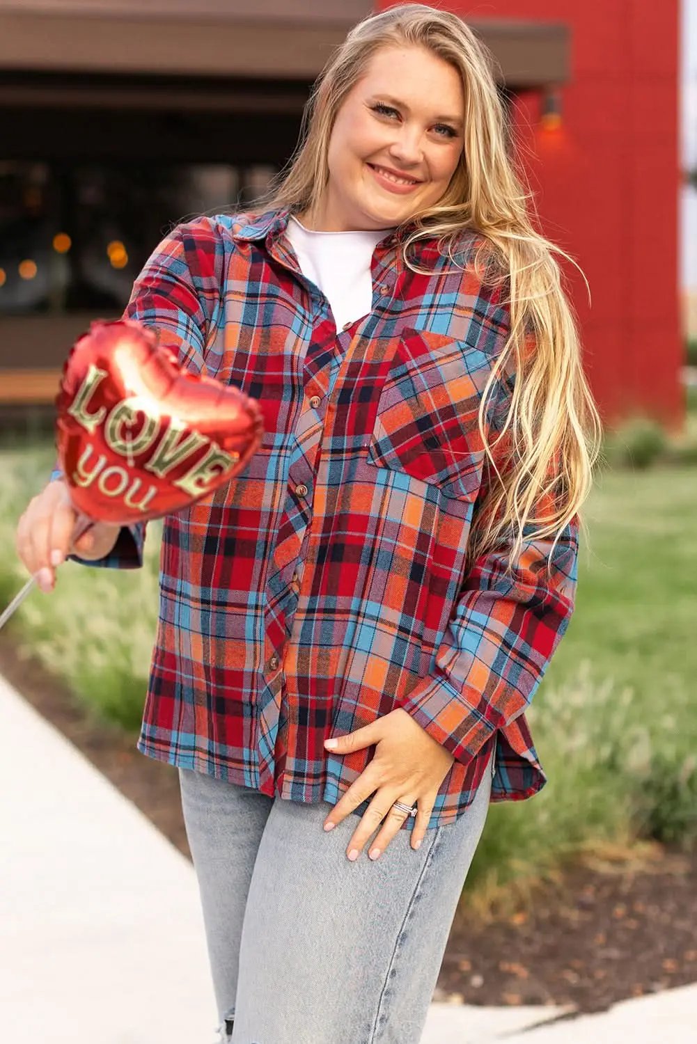 Red plaid plus size button-up shirt - Love Salve