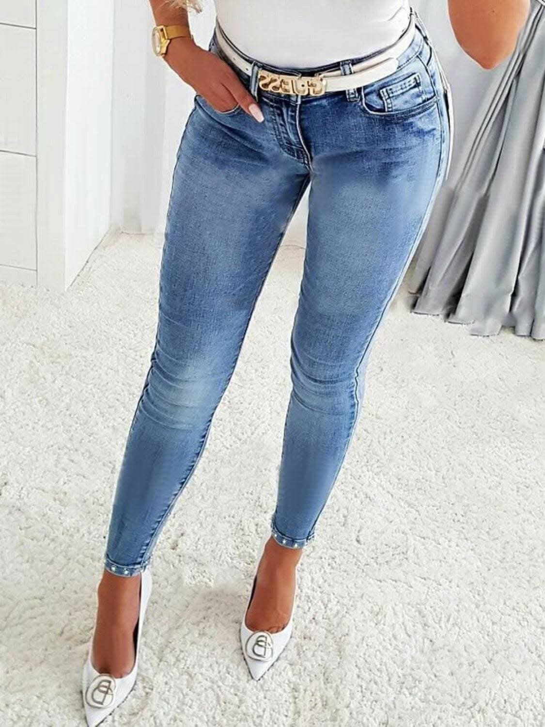 Rhinestone denim leggings with pockets