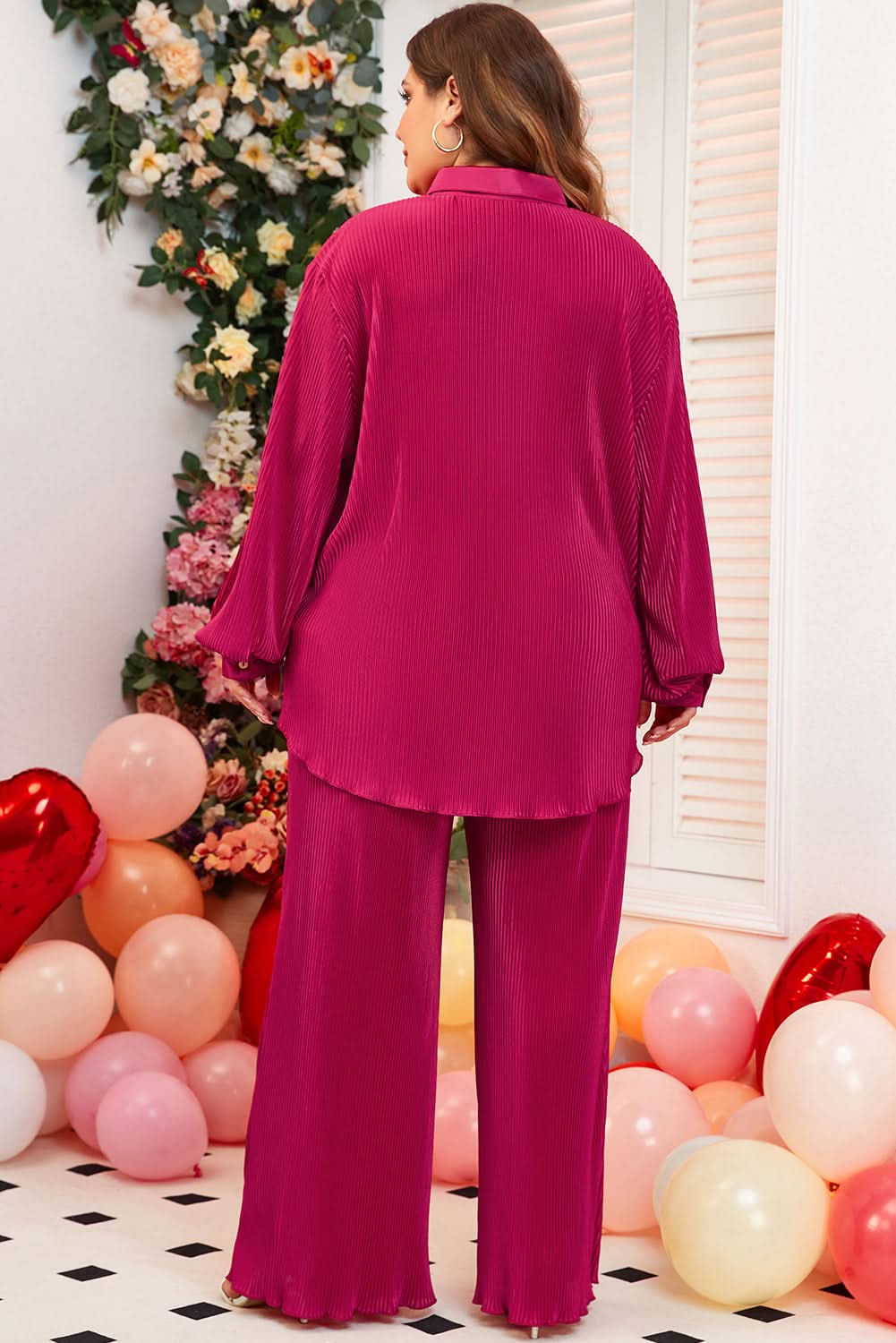 Rose Red Plus Size Ribbed Long Sleeve Shirt and Pants Pajama Set - Love Salve