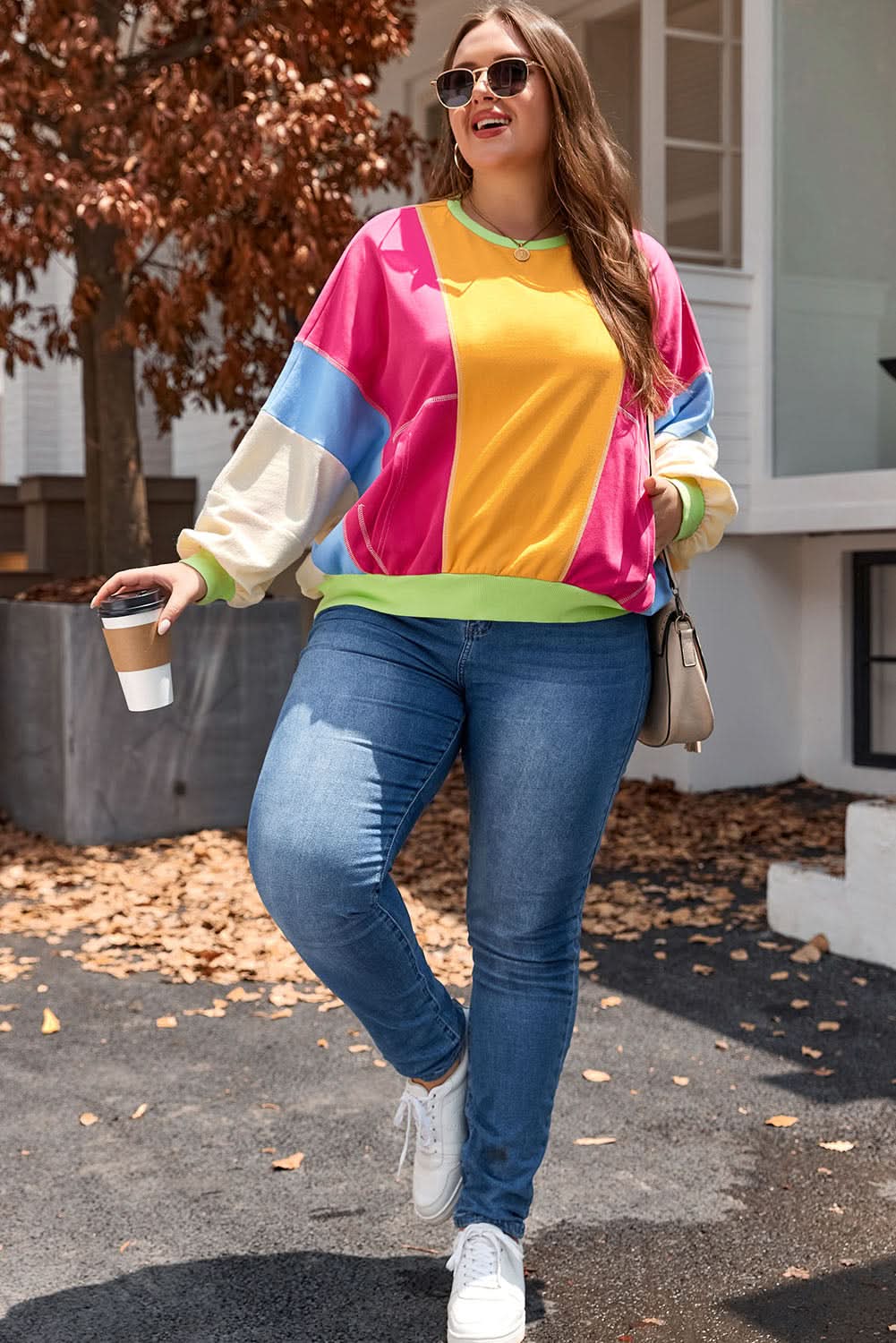 Rose red plus size colorblock sweatshirt - Love Salve