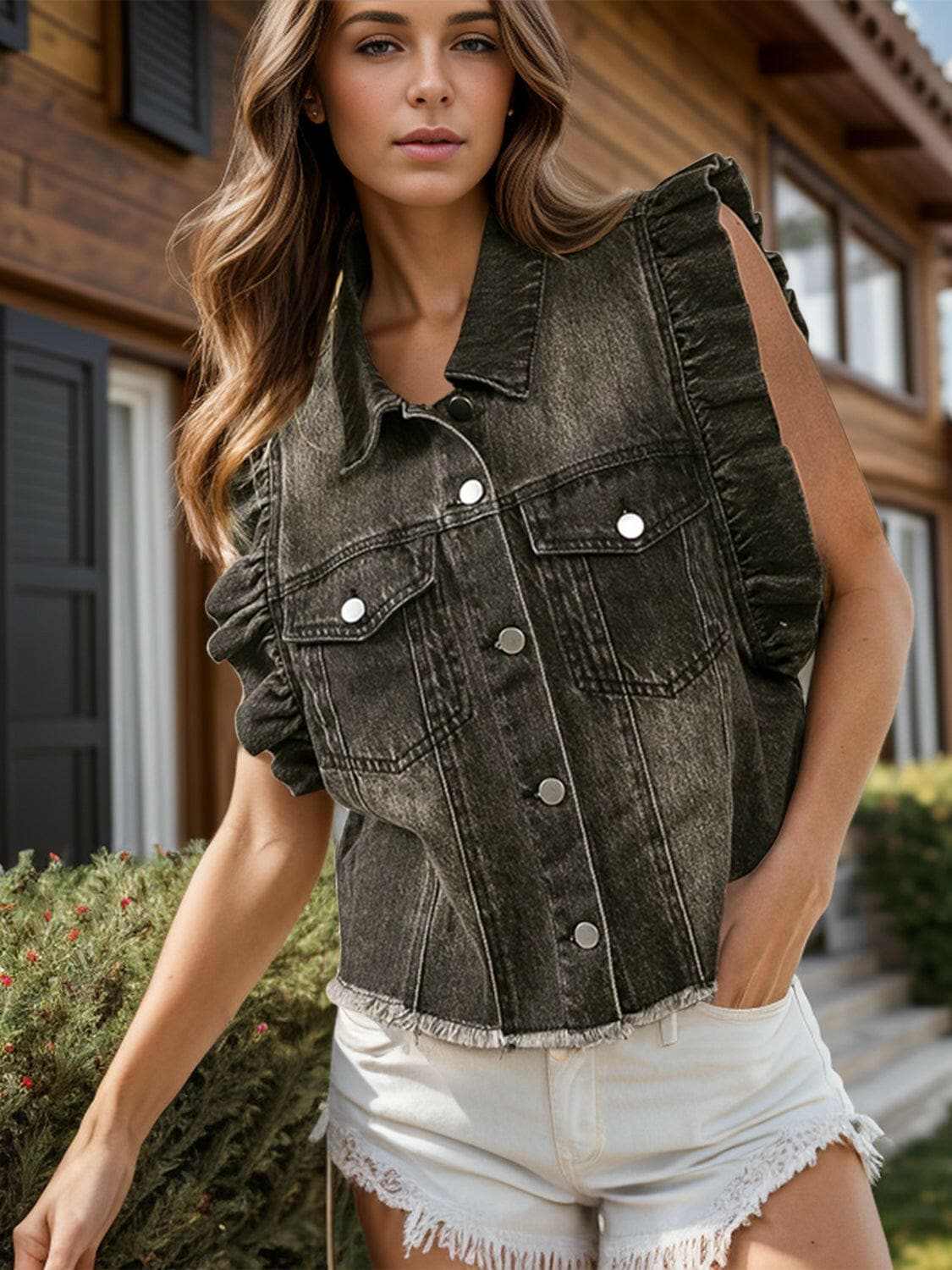 Ruffled denim jacket with raw hem