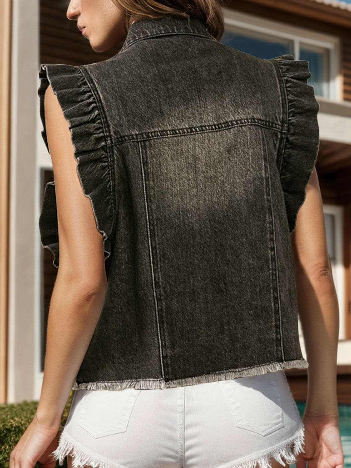 Ruffled denim jacket with raw hem