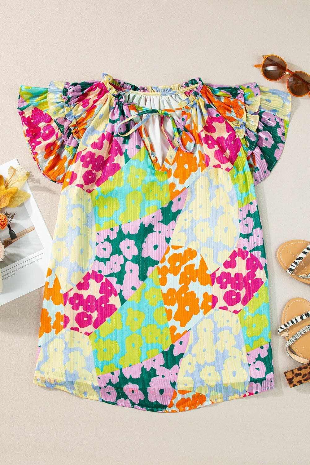Ruffled sheer tie neck blouse - Love Salve
