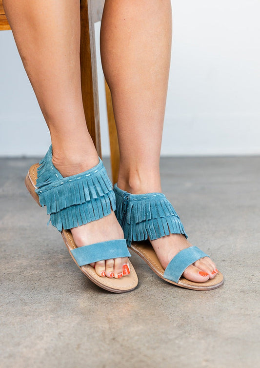 Fringe Star Sandal Teal Boho Chic Faux Suede Side Zip Naughty Monkey