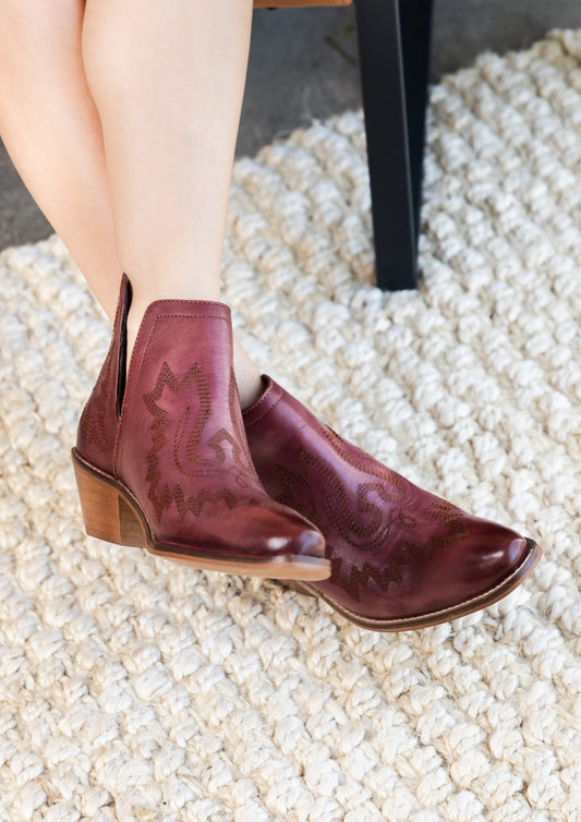 Kickin Booties Burgundy Leather Western Embroidered Heel Naughty Monkey
