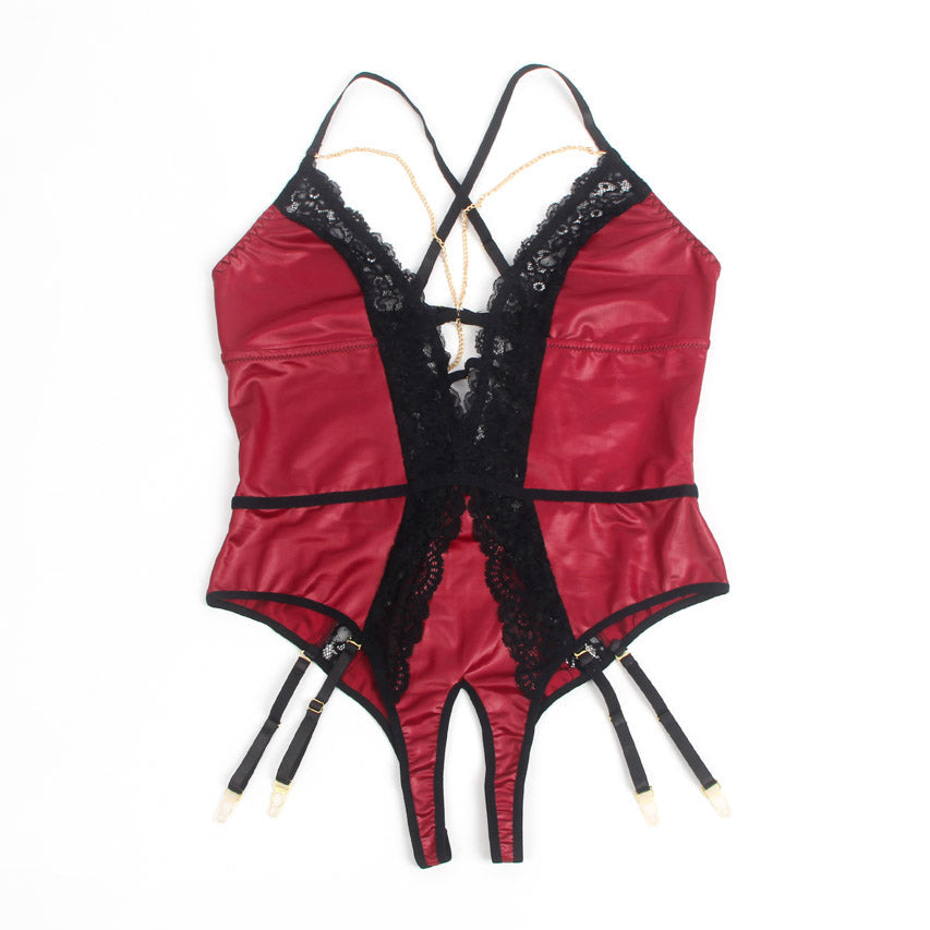 Burgundy Faux Leather Teddy Lingerie leather - Product