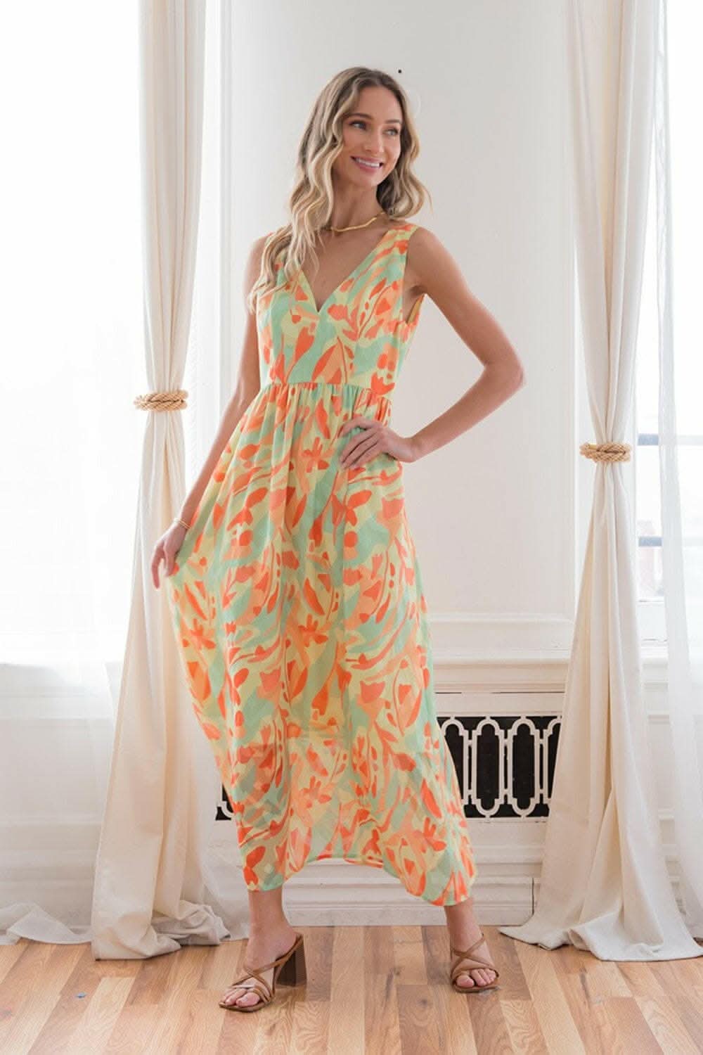 Sew In Love Printed V-Neck Sleeveless Dress - Love Salve