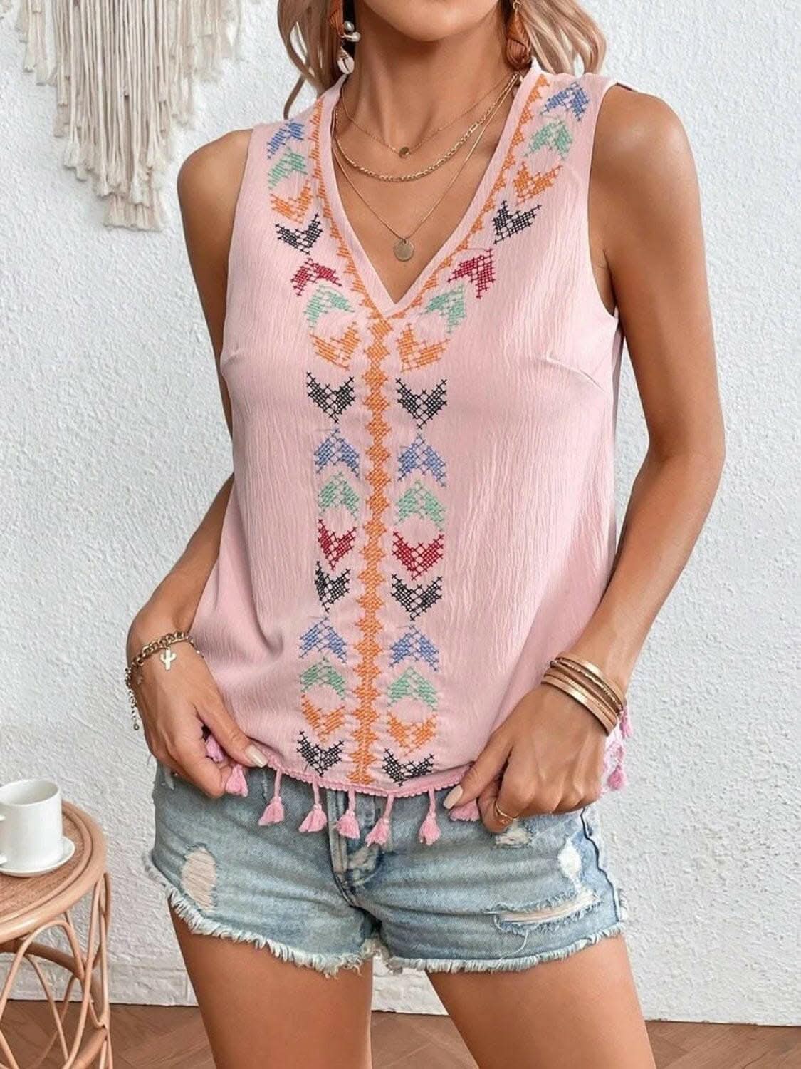 Sheer tassel v-neck tank top - Love Salve