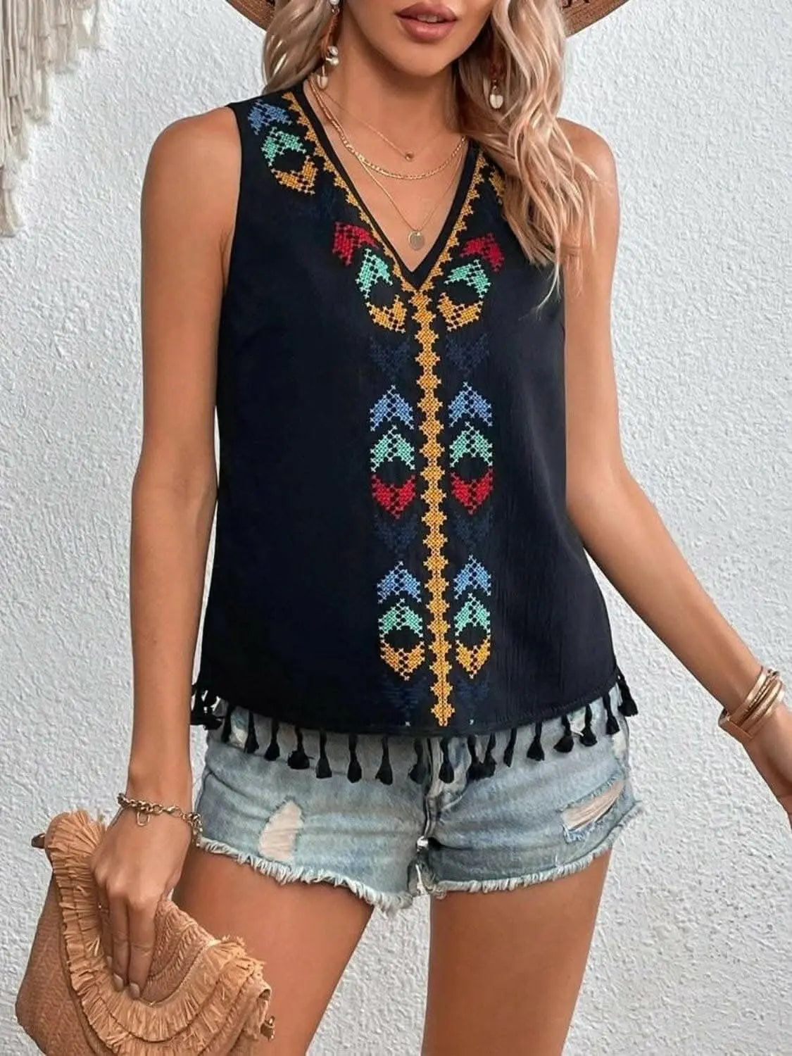 Sheer tassel v-neck tank top - Love Salve