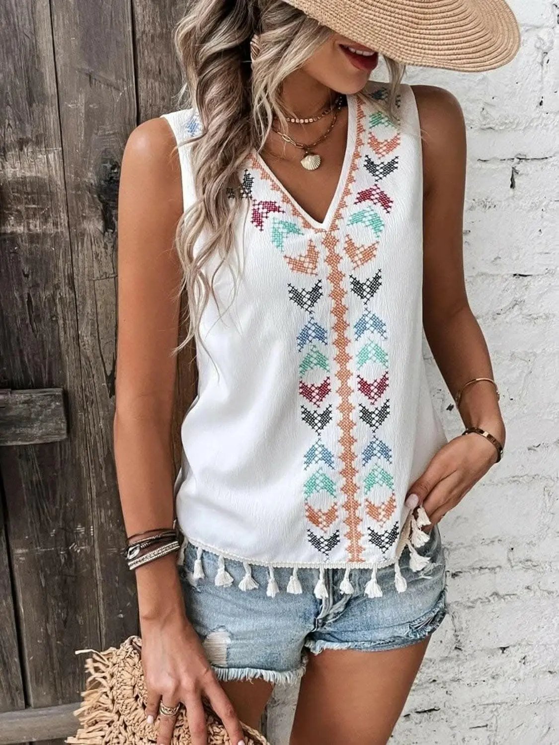 Sheer tassel v-neck tank top - Love Salve