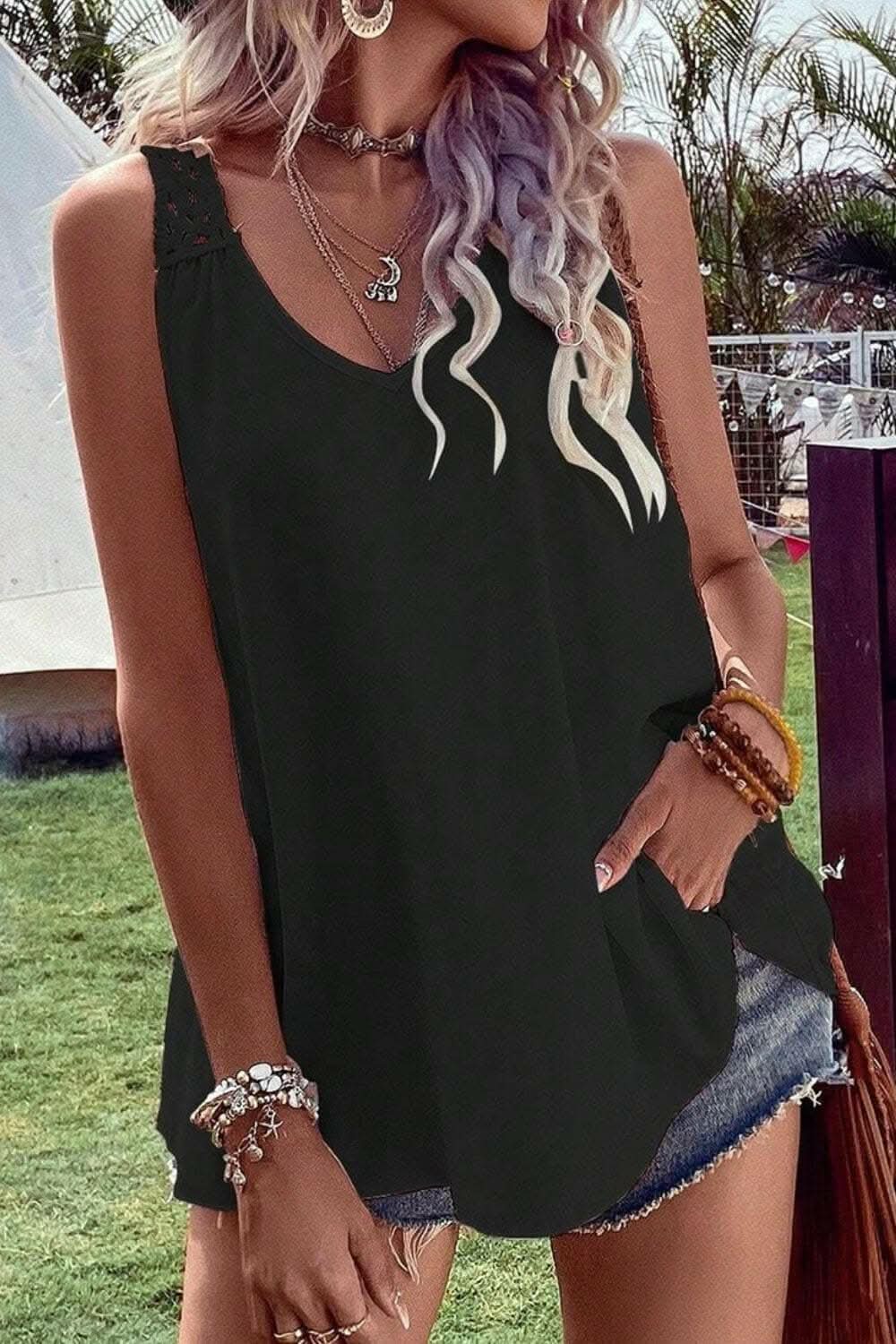 Sheer v-neck tank with openwork design - Love Salve