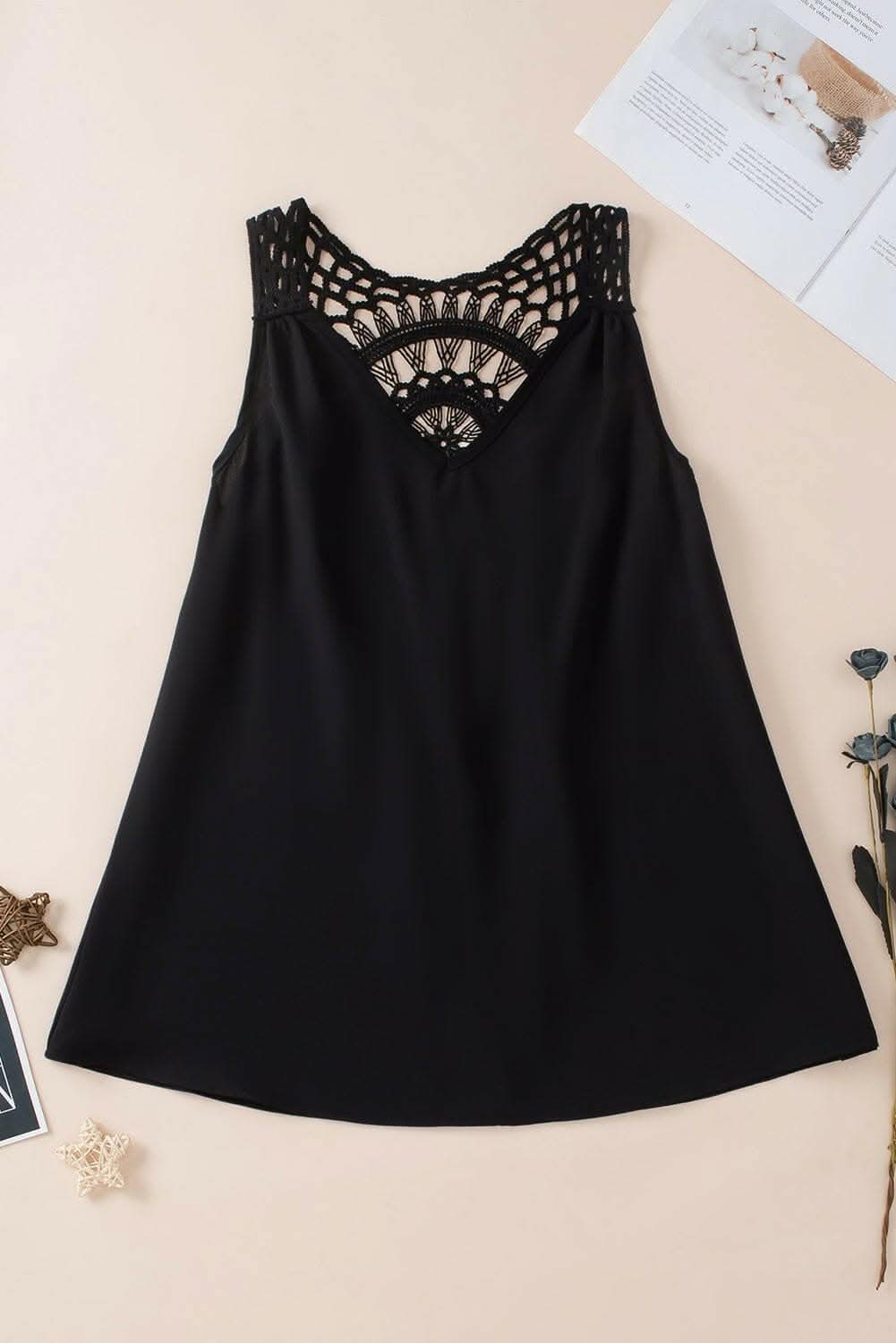 Sheer v-neck tank with openwork design - Love Salve