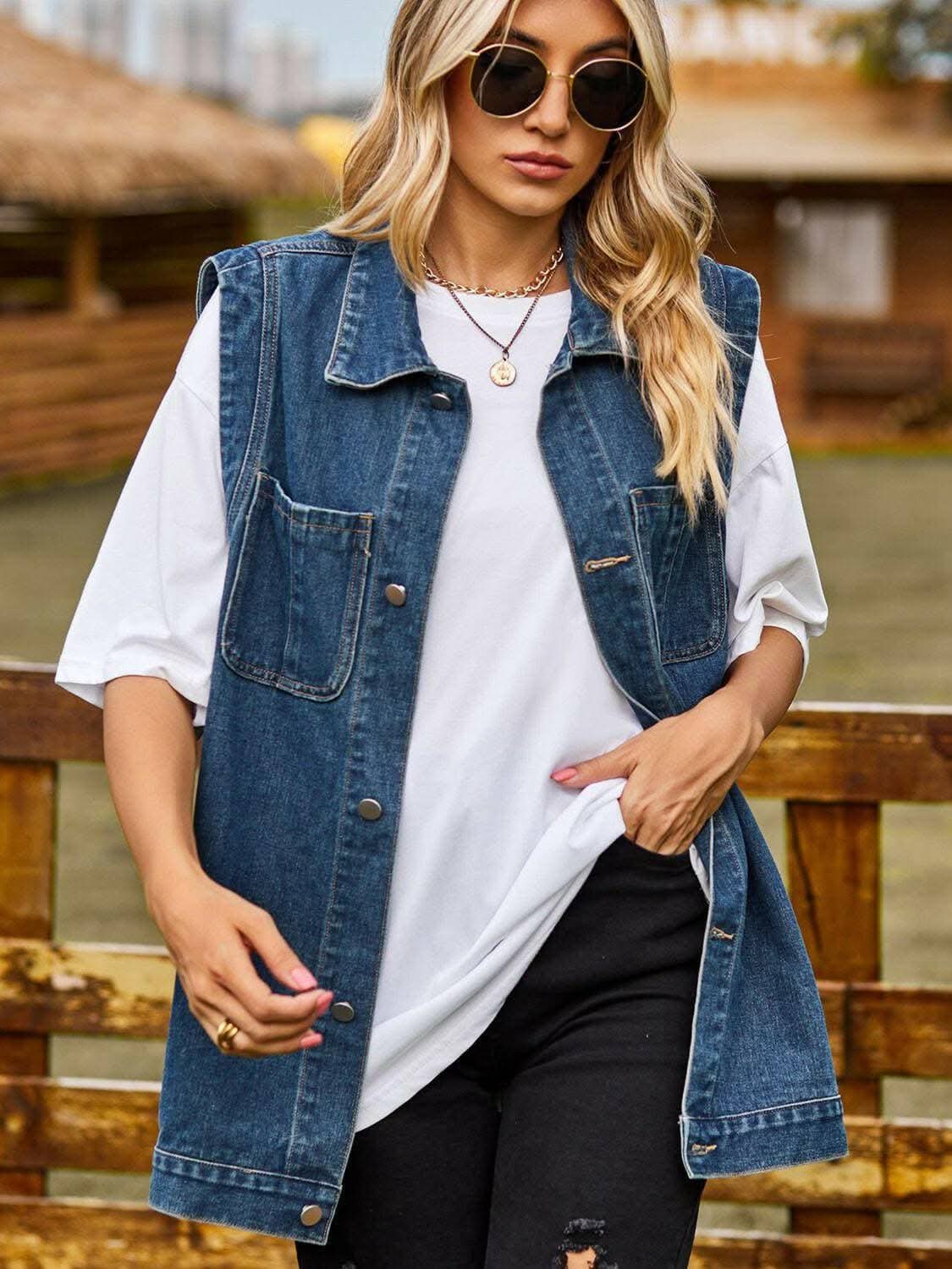 Sleeveless denim vest with collar
