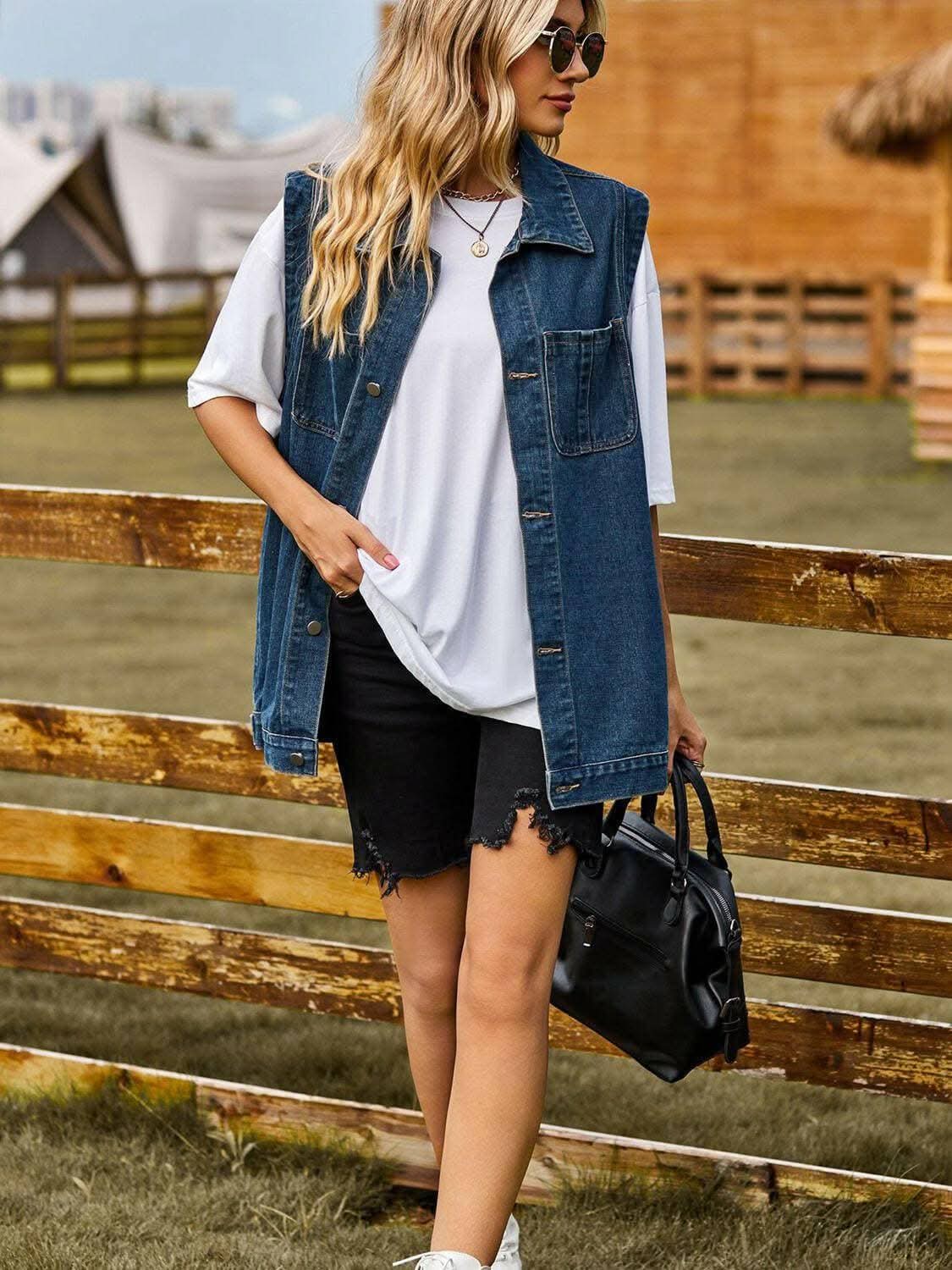 Sleeveless denim vest with collar